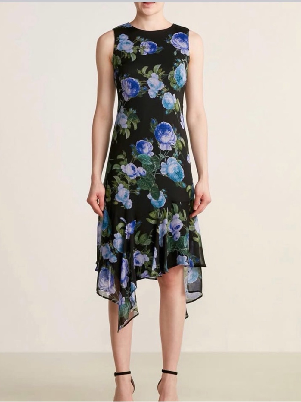 Calvin Klein Black High-Low handkerchief Floral Dress with Blue Flowers